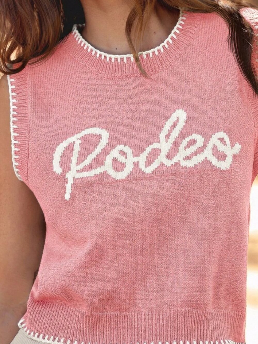 Pink Casual Women's Round Neck Multi Stitch Rodeo Embroidered Sweater Vest - Picture 5 of 5